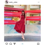 鷲見玲奈、赤いドレスコーデで競馬中継「緊張で滝汗でした」