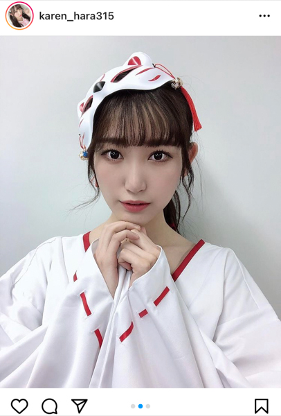 NMB48 原かれん、狐のお面がワンポイントな巫女ショット公開！「どこに行けば会えますか」