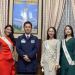 「2021ベストオブミス」大阪大会を勝ち抜いた宮丸久実さん、徳勢菜那さん、木口穂乃里さんが吉村洋文大阪府知事を表敬訪問