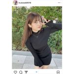 Peel the Apple・黒嵜菜々子、ボディラインあらわなミニ丈黒ワンピースをセクシーに着こなし