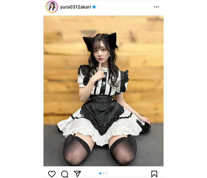 由良朱合、猫耳メイドコスでセクシーな絶対領域チラリ！