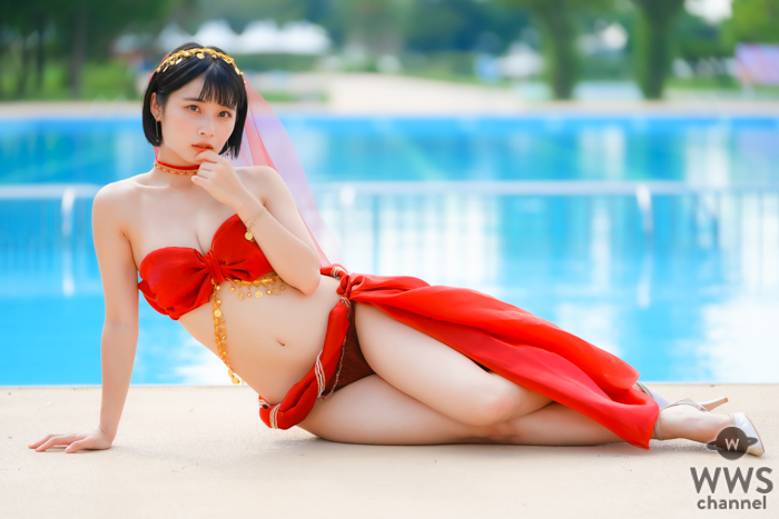 【写真特集】三田のえ、衣装デザイン制作を自身でした「アラビア風お姫様のえぐら」で登場！！＜近代麻雀水着祭2023＞